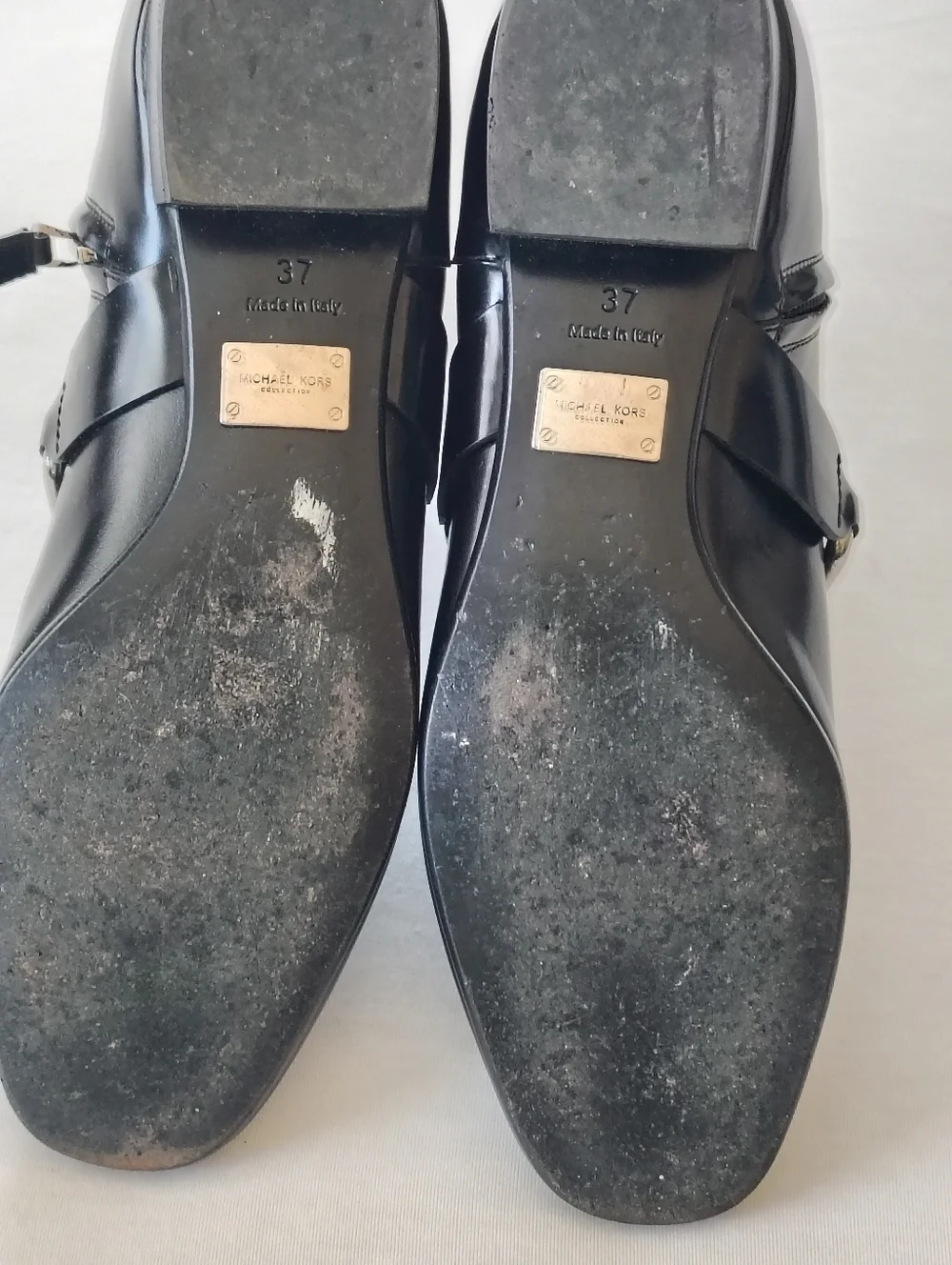 Michael Kors Black Patent Chain-Accent Ankle Boots. Size 37